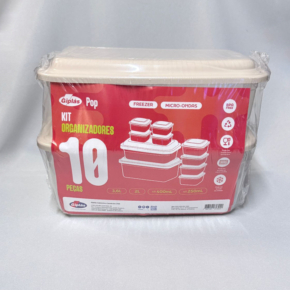 Kit de 10 organizadores plásticos rectangulares Giplás línea Pop envueltos con faja original indicando apto freezer y microondas.