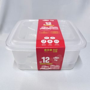 Kit de 12 organizadores plásticos transparentes Giplás línea Pop con faja roja original, aptos para freezer y microondas.