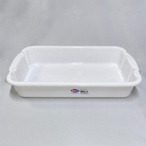 Bandeja multiuso de plástico blanco de 7 litros, 44x28cm, vista en perspectiva.