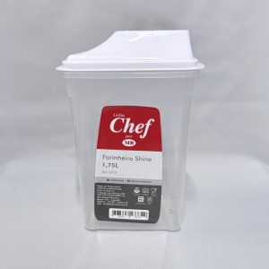 Vista frontal de un recipiente vertedor de plástico transparente para alimentos secos, con tapa dosificadora color blanco y capacidad de 1,75 litros, de la marca MB Línea Chef, sobre un fondo blanco.