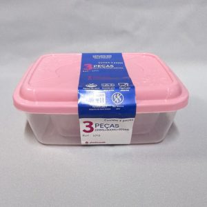 Set de tres potes rectangulares de plástico anidados uno dentro de otro, con base transparente y tapa color rosa. El conjunto está envuelto con una faja azul informativa de la marca MB que indica sus tres capacidades, visto de frente sobre un fondo blanco.