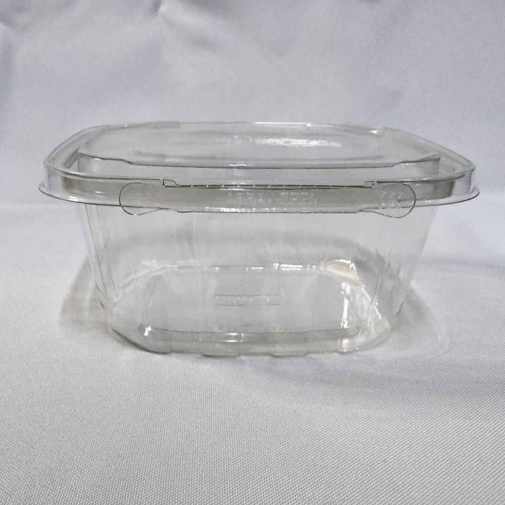 Envase rectangular descartable de plástico transparente (PET) tipo estuche. Se presenta en dos imágenes: una mostrando el envase completamente abierto para apreciar su interior profundo y la tapa unida por bisagra, y otra del envase cerrado visto de frente donde resalta la pestaña del precinto de seguridad con la inscripción "ABRA / OPEN", ambas sobre un fondo claro.