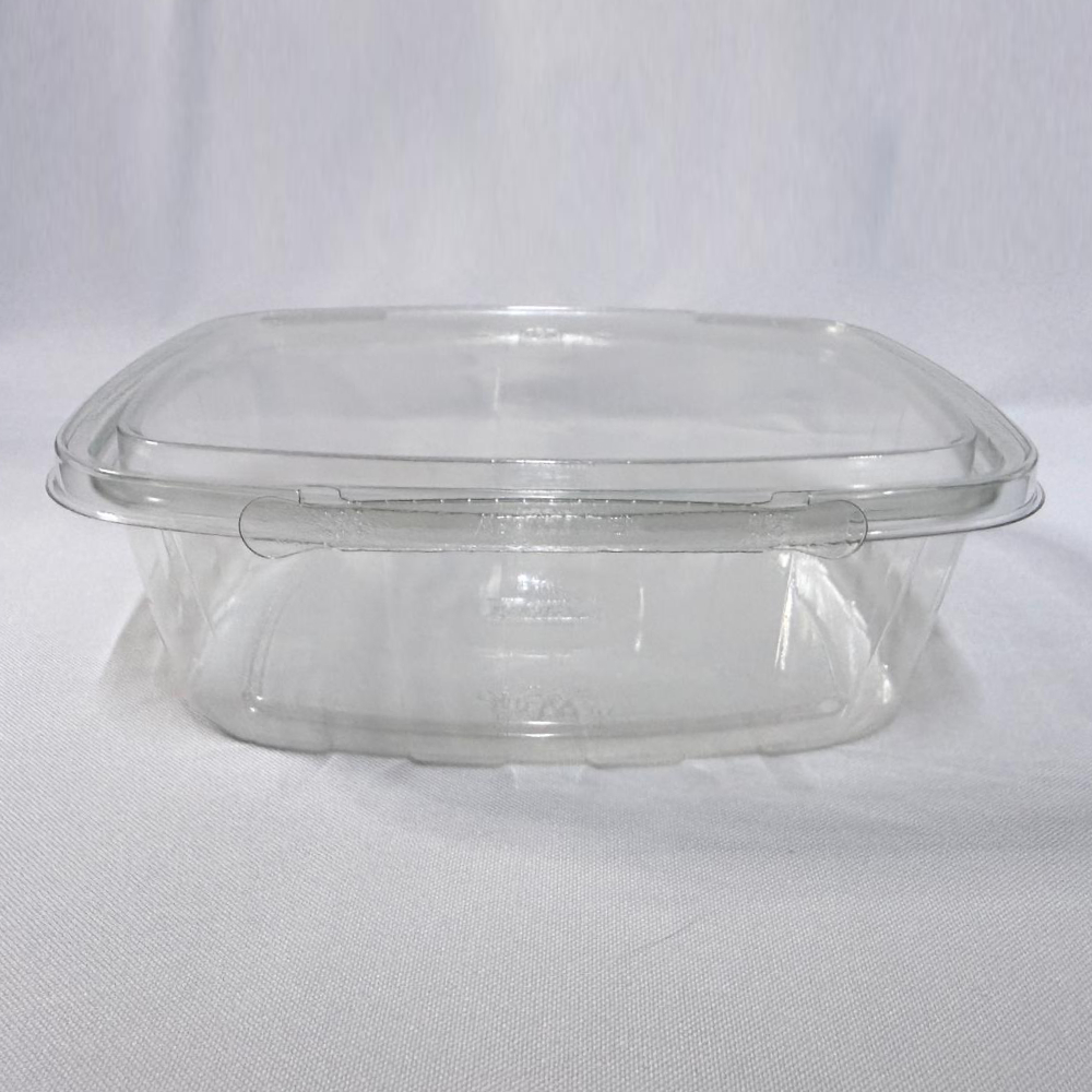 Envase rectangular descartable de plástico transparente (PET) tipo estuche de gran capacidad. Se presenta en dos imágenes: una mostrando el envase completamente abierto para apreciar su interior profundo y amplio con la tapa unida por bisagra, y otra del envase cerrado visto de frente donde resalta la pestaña del precinto de seguridad perimetral, ambas sobre un fondo claro.