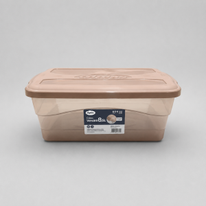 Organizador plástico translúcido con tapa beige de 8,5 litros, medida 35,5 x 26,4 x 13,1 cm, presentación bulto por 12 unidades