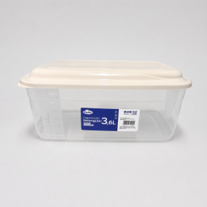 Pote rectangular plástico translúcido de 3,6 litros con tapa beige, ideal para conservar alimentos y organizar la cocina, presentación bulto por 24 unidades